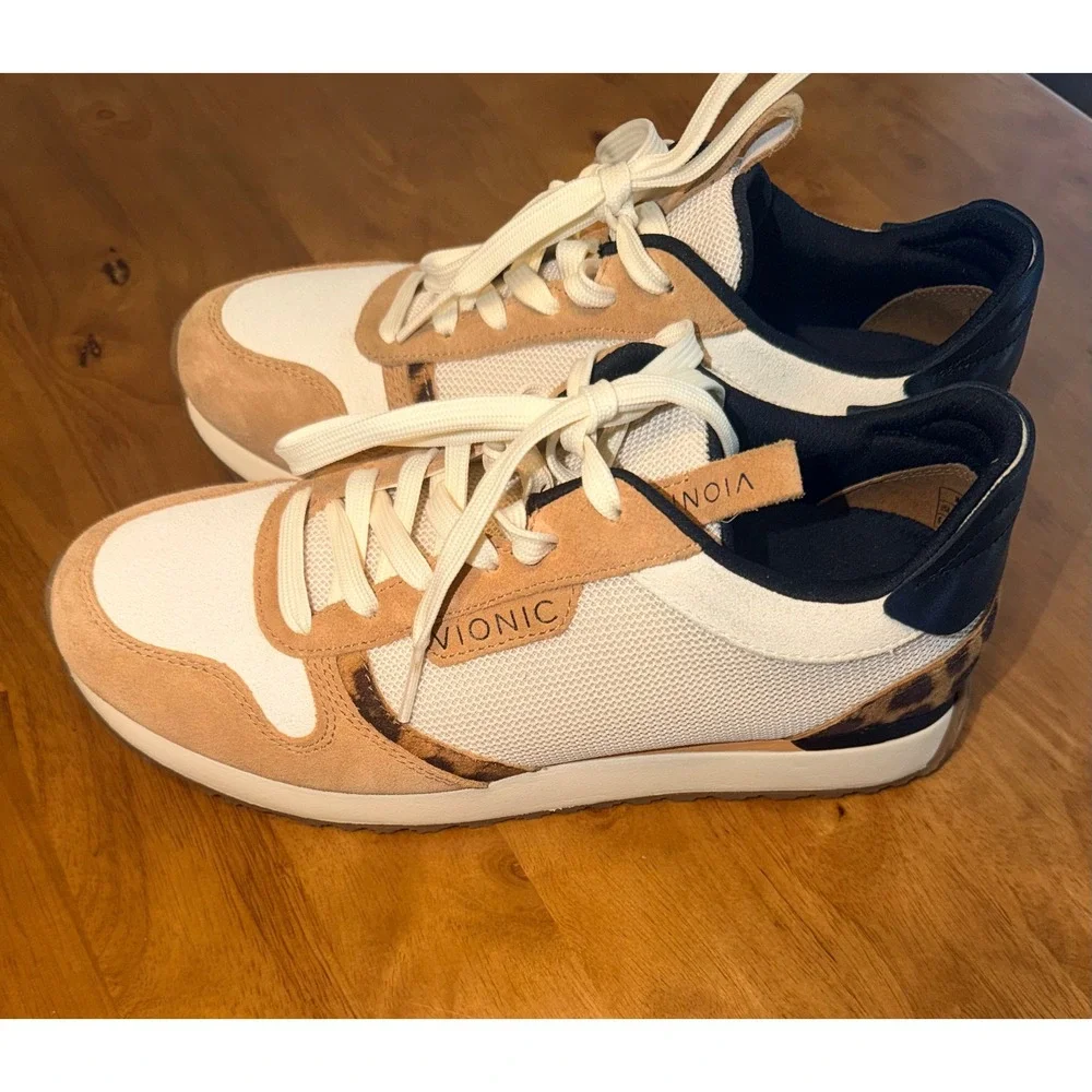 Vionic Womens‎ Tan Cream Leopard Print Mesh Suede Lace Up Sneakers Shoes